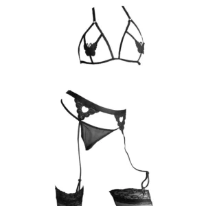 Sexy Bikini Bra Set – Transparent Black Open Cup Bralette with Stockings